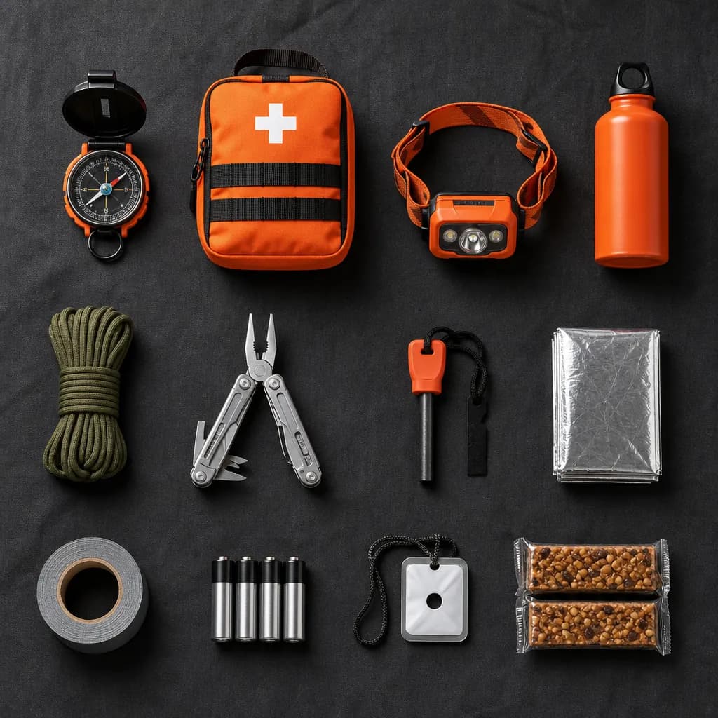 Top-down flat lay of essential outdoor emergency gear organised by priority tier on dark canvas