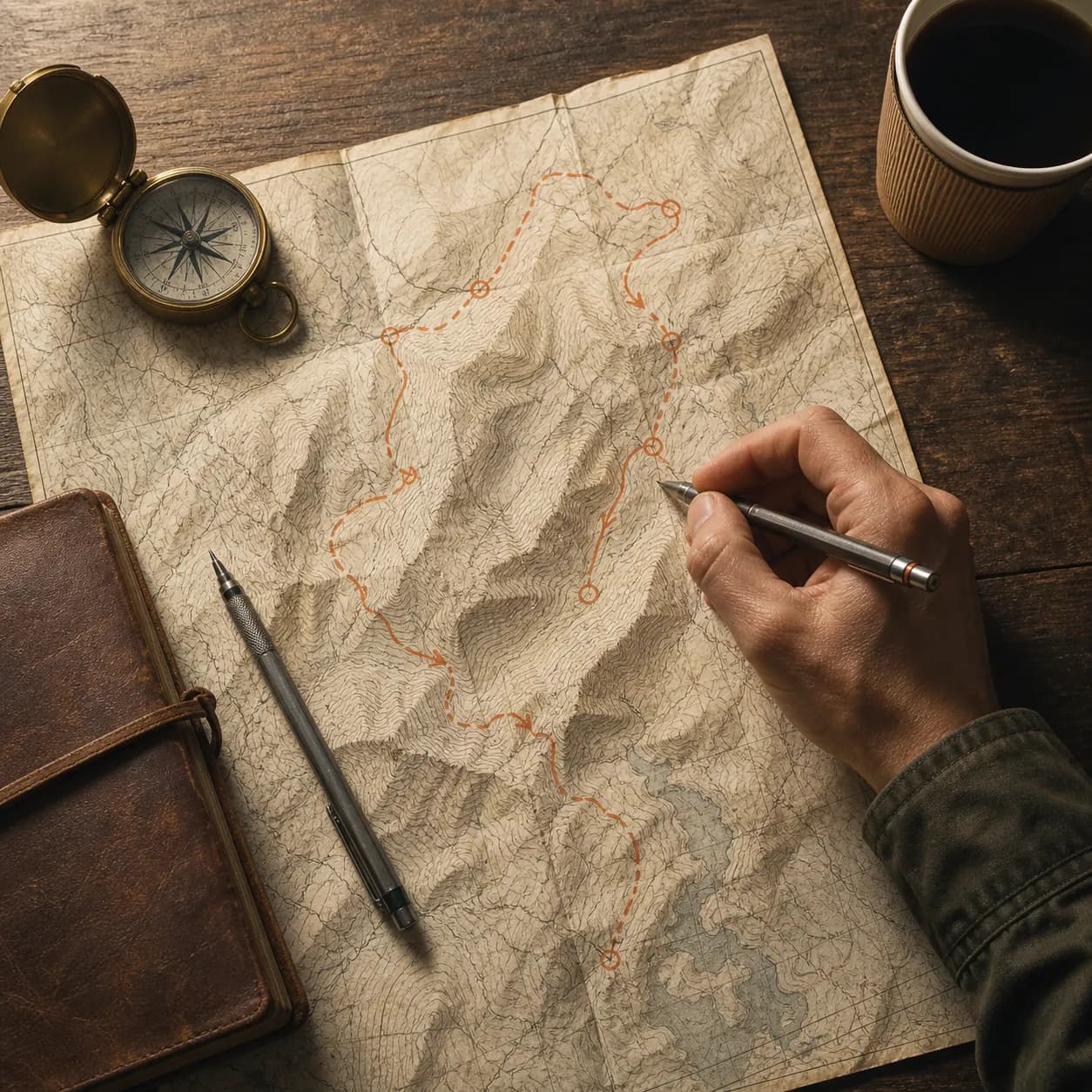 Hand sketching a route on a topographic map with brass compass